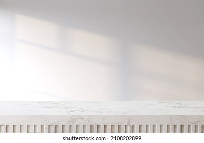 3D rendering of empty shiny marble kitchen counter top for products display in front of a gray wall with beautiful sun light and window frame shadow shine on. Background, Mock up, Backdrop, Home.