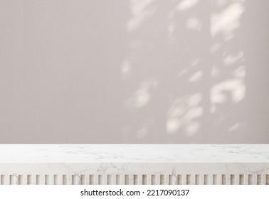 3D Rendering Of Empty Shiny White Marble Kitchen Counter Top For Products Display Backdrop With Beige Wall With Wallpaper, Beautiful Sunlight And Foliages Leaves Shadow Background, Mock Up, Table.