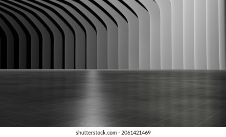 3D Rendering Of Empty Showroom With Glossy Reflective Floor And Fin Shape Wall. Halftone Color Theme. For Car Advertising Or Luxury Product Background