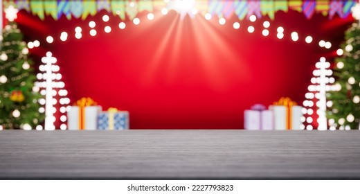 3d rendering of empty space on wood counter or top table. Include blur light bokeh, white snowfall, red wall, christmas tree and gift for background concept of celebration, xmas and happy new year.
