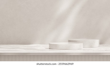 A 3D rendering of an empty space with podium against a light grey background in a landscape layout, ideal for showcasing merchandise.