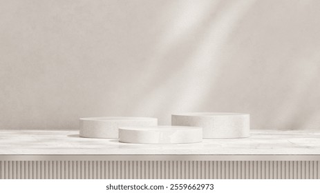 A 3D rendering of an empty space with podium against a light grey background in a landscape layout, ideal for showcasing merchandise.