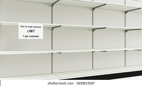 3D rendering of empty store shelves. Shortage of essential products during a pandemic. White sign displayed with message Due to high demand limit 1 per customer