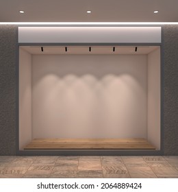 3d Rendering of an empty store window with wooden platform and photometric lighting