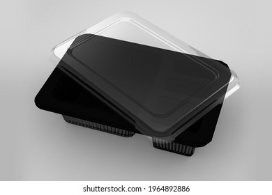 3D Rendering An Empty Transparent Bento Containers Isolated On White Background With Black Base. Fit For Your Design Project.