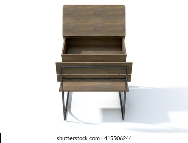 A 3D rendering of an empty vintage wooden school desk with an open hinged lid and bench seat on an isolated white studio background