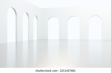 3D rendering empty white building with bright light through open arches.