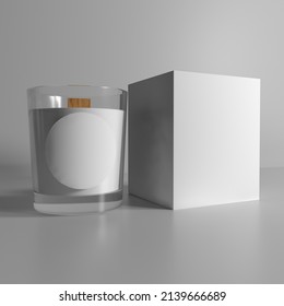 3D Rendering. An Empty White Candle In A Glass Jar With A Round White Plotter Sticker And A Box. Sticker Mockup, Packaging