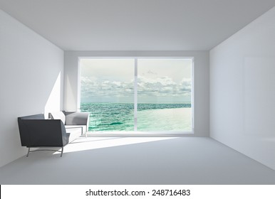  3D Rendering.  The Empty White Room With A Sofa, With A Big Window And A View Of The Ocean.