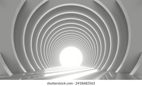 3D rendering of an empty white tunnel corridor. Abstract interior curved frame geometric structure design for trade show display background.