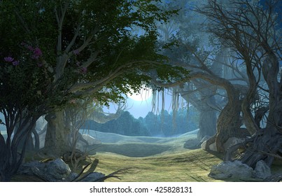 3d Rendering Of Enchanted Dark Forest In The Moonlight. Fairy Path In The Middle Of 
Mystic Magic Deep Forest. Scenic Landscape. Dark Mysterious Night Scene, Background For Halloween Poster