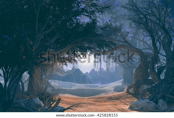 月光の中で幻滅した暗い森を3dレンダリング 真ん中の妖精の道 神秘的な魔法の深い森 風景 ハロウィーンのポスターの背景に暗い謎の夜景 のイラスト素材