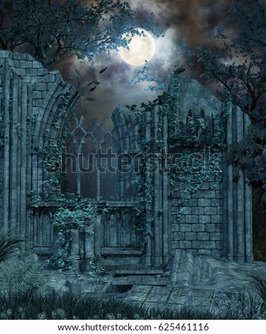 3D rendering of an enchanted Gothic ruin in a forest at full moon.