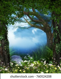 3D rendering of a enchanting fairy forest opening with flowers.