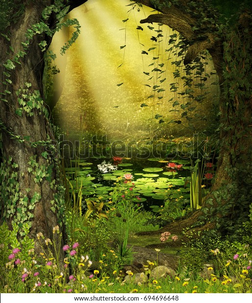魔法の池を背景にして 魅力的な妖精の森が開く3dレンダリング のイラスト素材