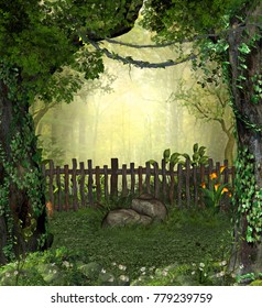 3D rendering of a enchanting fairy garden in a forest with flowers
