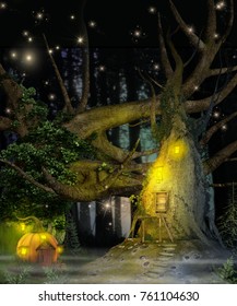 3D rendering of a enchanting fairy tale tree and pumkin house in a deep forest.