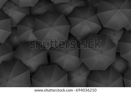 3d rendering of endless amount of similar black umbrellas. Unique outlook. Bright idea. Different opinion.