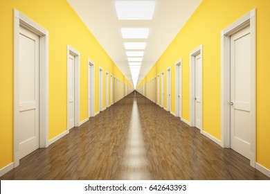 3d Rendering Of An Endless Corridor With Lots Of White Doors