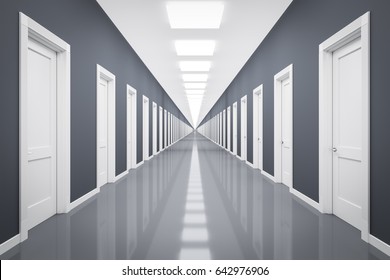 3d Rendering Of An Endless Corrior With Lots Of White Doors