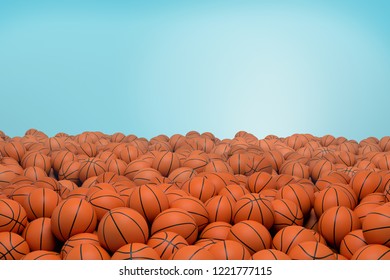 3d Rendering Of Endless Pile Of Orange Basketball Balls With Black Stripes Lying In Heap On A Blue Background. Sport Equipment. Team Play. Athletic Gear.