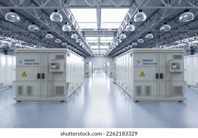 3d rendering energy storage system or battery container units in factory or warehouse