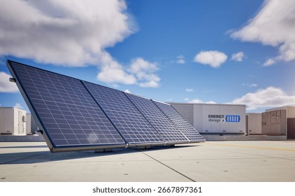 3d rendering energy storage system or battery container unit with solar panels for smart city