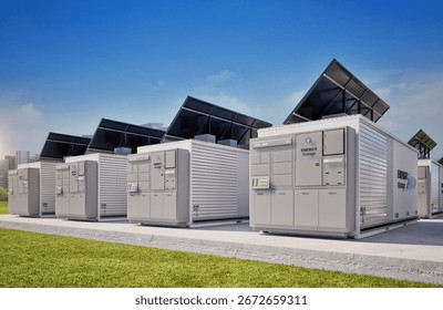 3d rendering energy storage system or battery container unit with solar panels for smart city