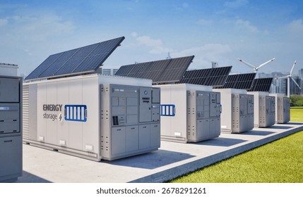 3d rendering energy storage system or battery container unit with solar panels for smart city