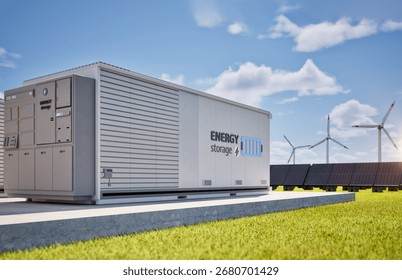 3d rendering energy storage system or battery container unit with solar panels for smart city