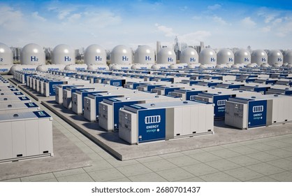3d rendering energy storage system or battery container unit with hydrogen tanks for smart city