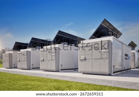 3d rendering energy storage system or battery container unit with solar panels for smart city