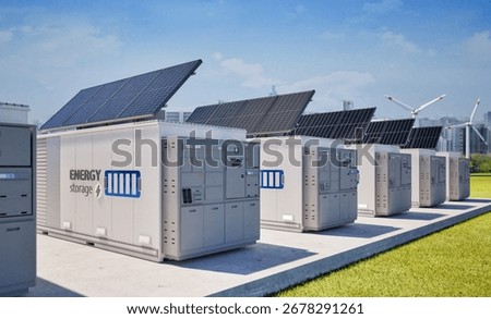 3d rendering energy storage system or battery container unit with solar panels for smart city