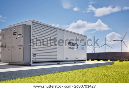 3d rendering energy storage system or battery container unit with solar panels for smart city