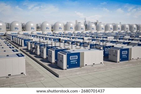 3d rendering energy storage system or battery container unit with hydrogen tanks for smart city
