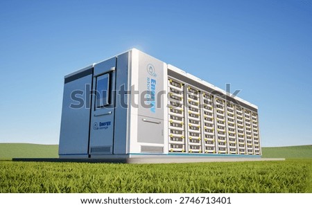 3d rendering energy storage system or battery container unit see through on green grass under blue sky
