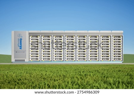 3d rendering energy storage system or battery container unit see through on green grass under blue sky