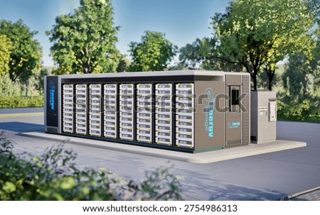 3d rendering energy storage system or battery container unit see through on green grass under blue sky