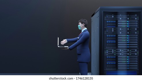 3D rendering, Engineering support wearing a medical masks and check network in datacenter room, New normal concept , 3D illustration