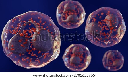 A 3d rendering of Eosinophils are a type of white blood cell or leukocyte, typically have a bi-lobed nucleus and large, bright red or pink granules in the cytoplasm.