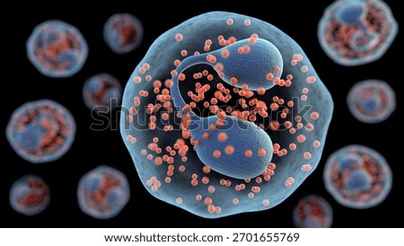 A 3d rendering of Eosinophils are a type of white blood cell or leukocyte, typically have a bi-lobed nucleus and large, bright red or pink granules in the cytoplasm.
