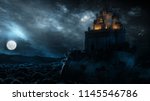 3D rendering of an epic castle scenery with full moon in majestic night sky and highly detailed natural environment landscape. 