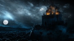 3D Rendering Of An Epic Castle Scenery With Full Moon In Majestic Night Sky And Highly Detailed Natural Environment Landscape. 