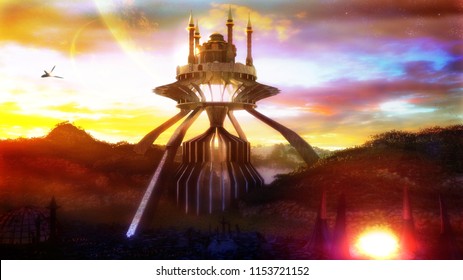 3D rendering of epic concept structure surrounded with natural fantasy environment and glorious celestial sky