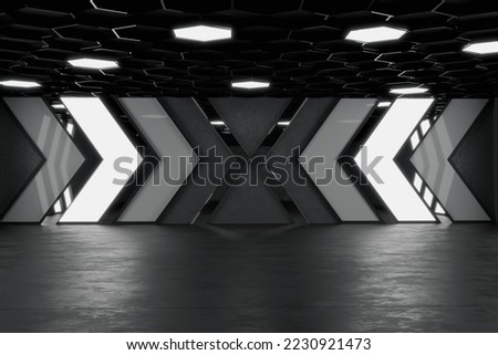 3d rendering of epic hall with neon direction elements and hexagonal ceiling