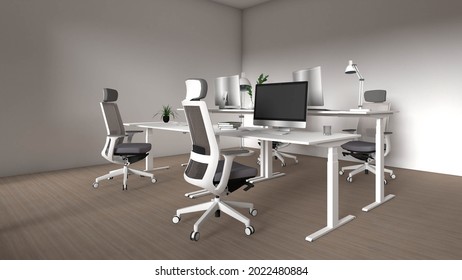 3d Rendering Ergonomic Chair And Table Set. Home Office And Meeting Room.