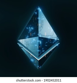 3D Rendering Of Ethereum (ETH) Crypto Currency. Glossy Metal Surface With Circuit Board Imprint And Glowing Led. For Crypto Currency Market, Token Exchange Promoting, Advertising Purpose 