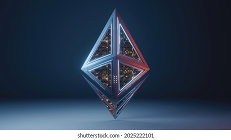 3D Rendering Of Ethereum (ETH) Crypto Currency. Glossy Metal Surface With Circuit Board Imprint And Glowing Led. For Crypto Currency Market, Token Exchange Promoting, Advertising Purpose 