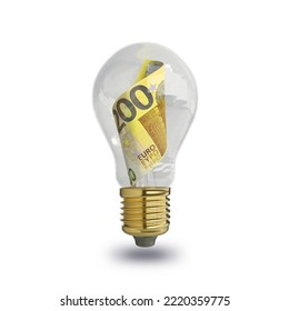 3d rendering of Euro note inside transparent light bulb isolated on white background, creative thinking. Making money by solving problem. idea concept