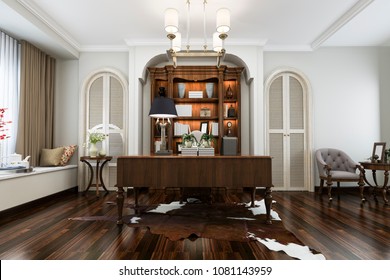 3d Rendering European Style Study Room With Wood Bookshelf
